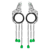 Leopard Head Emerald cut stone tassel long drop earrings silver 925 needle