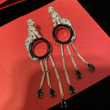 Leopard Head Emerald cut stone tassel long drop earrings silver 925 needle