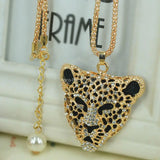 Leopard Head Sweater Necklace Crystal Long Pendants Rhinestone Chain