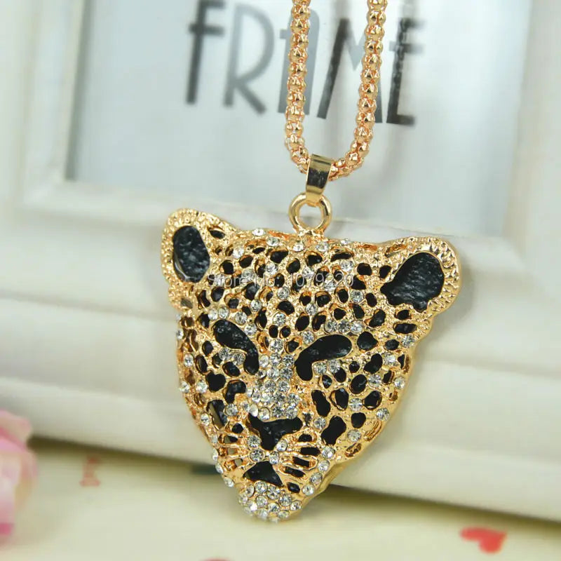 Leopard Head Sweater Necklace Crystal Long Pendants Rhinestone Chain