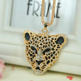 Leopard Head Sweater Necklace Crystal Long Pendants Rhinestone Chain