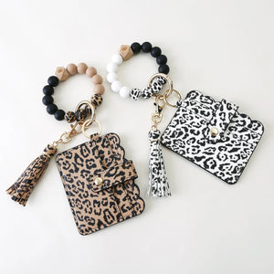 Leopard Print Silicone Beads Bracelet Keychain Ring with Wallet