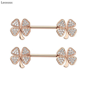 2pcs Sweet 4-leaf Grass Zircon Stainless Steel Breast Ring Industrial Barbell