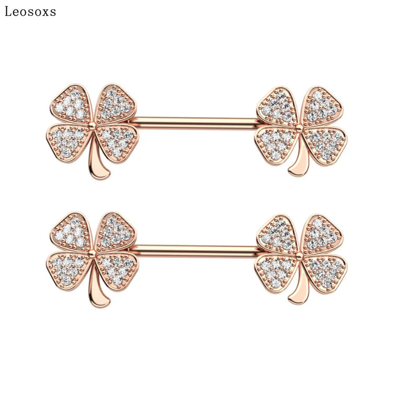 2pcs Sweet 4-leaf Grass Zircon Stainless Steel Breast Ring Industrial Barbell