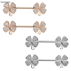 2pcs Sweet 4-leaf Grass Zircon Stainless Steel Breast Ring Industrial Barbell