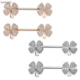 2pcs Sweet 4-leaf Grass Zircon Stainless Steel Breast Ring Industrial Barbell