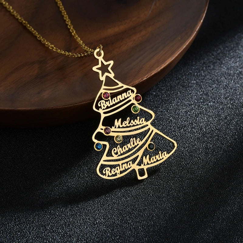 Christmas Tree Name Necklace Colorful Stones Personalized Family Choker