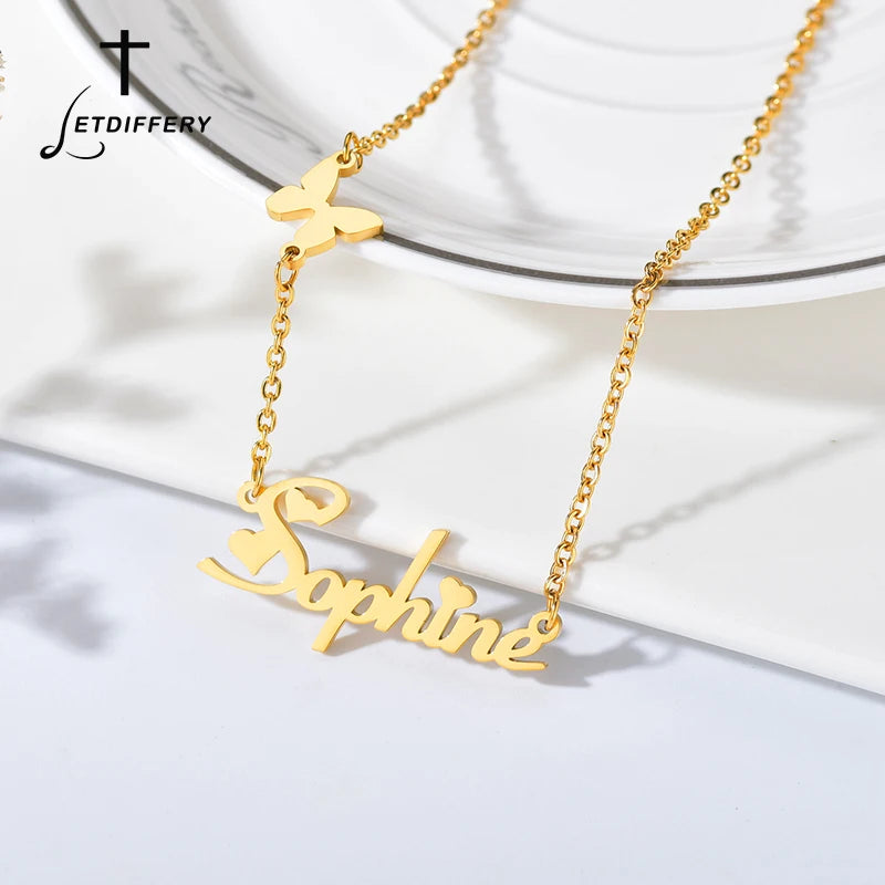 Butterfly Name Necklace Stainless Steel Golden Pendant for Women
