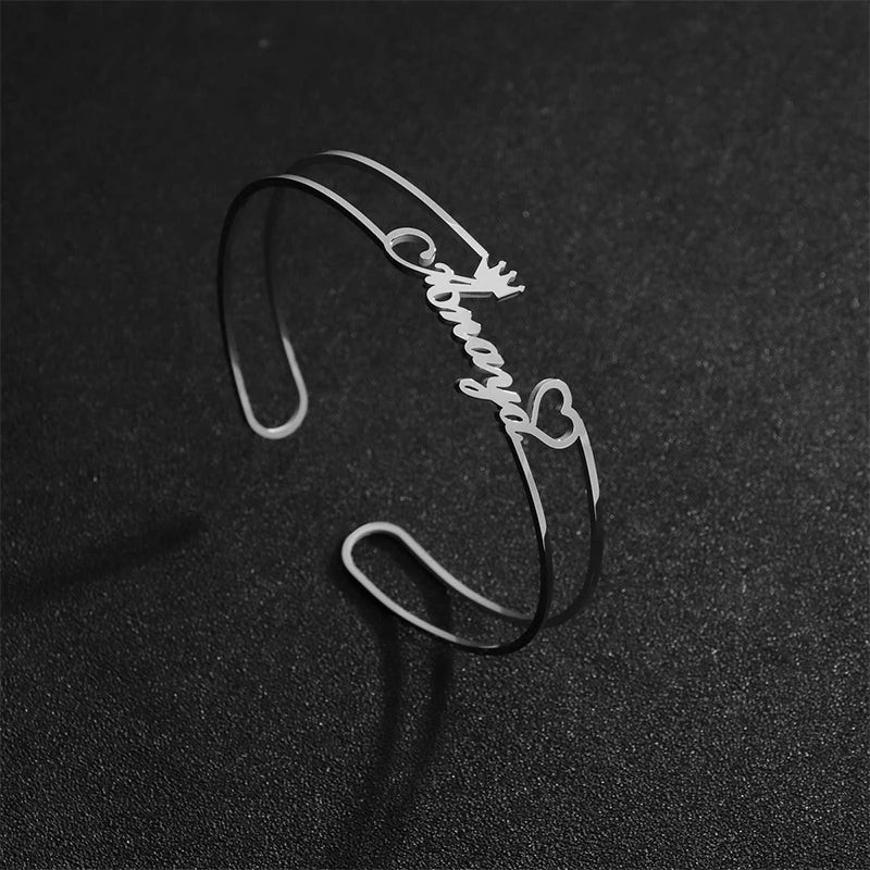 Heart Name Bangle Women Steel Cuff Bracelet Crown Jewelry Gift