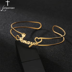 Heart Name Bangle Women Steel Cuff Bracelet Crown Jewelry Gift