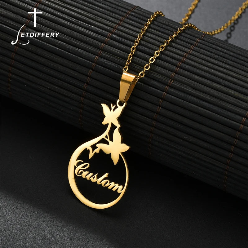 Personalized Butterfly Pendant Name Necklace Oval Stainless Steel Jewelry