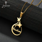 Personalized Butterfly Pendant Name Necklace Oval Stainless Steel Jewelry