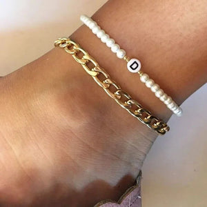 Letter Pearl Anklet Women Temperament Width 7mm Stainless Steel Chain Anklet