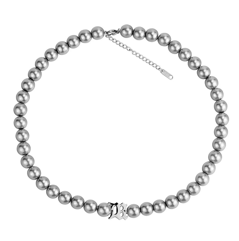 Metal Stitching Grey Pearl Necklace Hip Hop Punk Titanium Steel Chain
