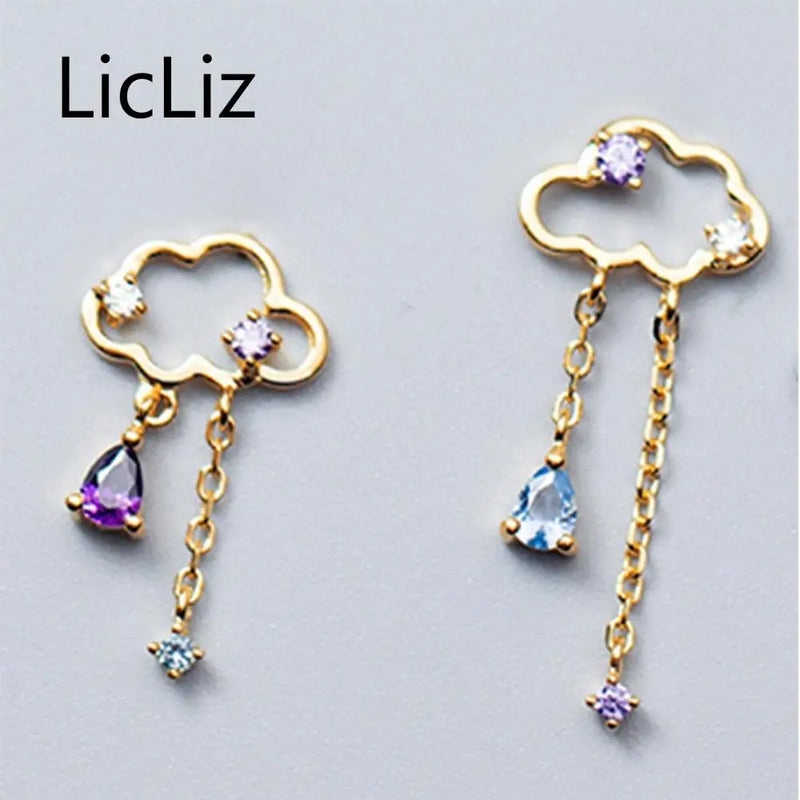 925 Silver Purple Drop Earrings Asymmetric Chain LE0479