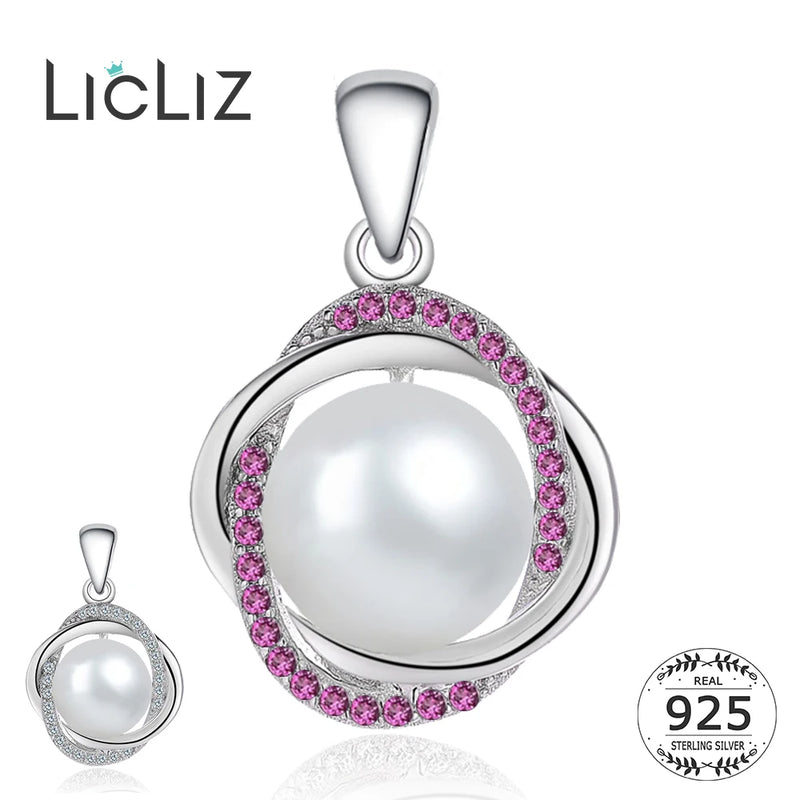 925 Silver Pearl Pendant Charms Purple CZ Pave Necklace