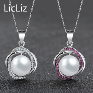 925 Silver Pearl Pendant Charms Purple CZ Pave Necklace