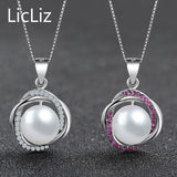 925 Silver Pearl Pendant Charms Purple CZ Pave Necklace