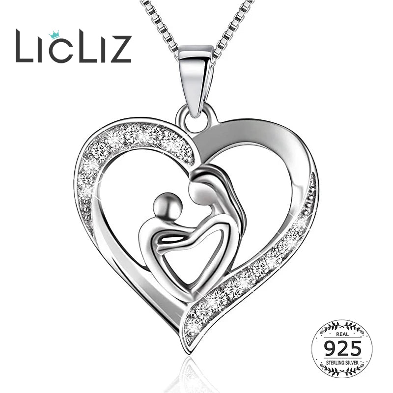 925 Silver Heart Mother & Kid Pendant Necklace Box Chain LN0455