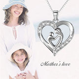 925 Silver Heart Mother & Kid Pendant Necklace Box Chain LN0455