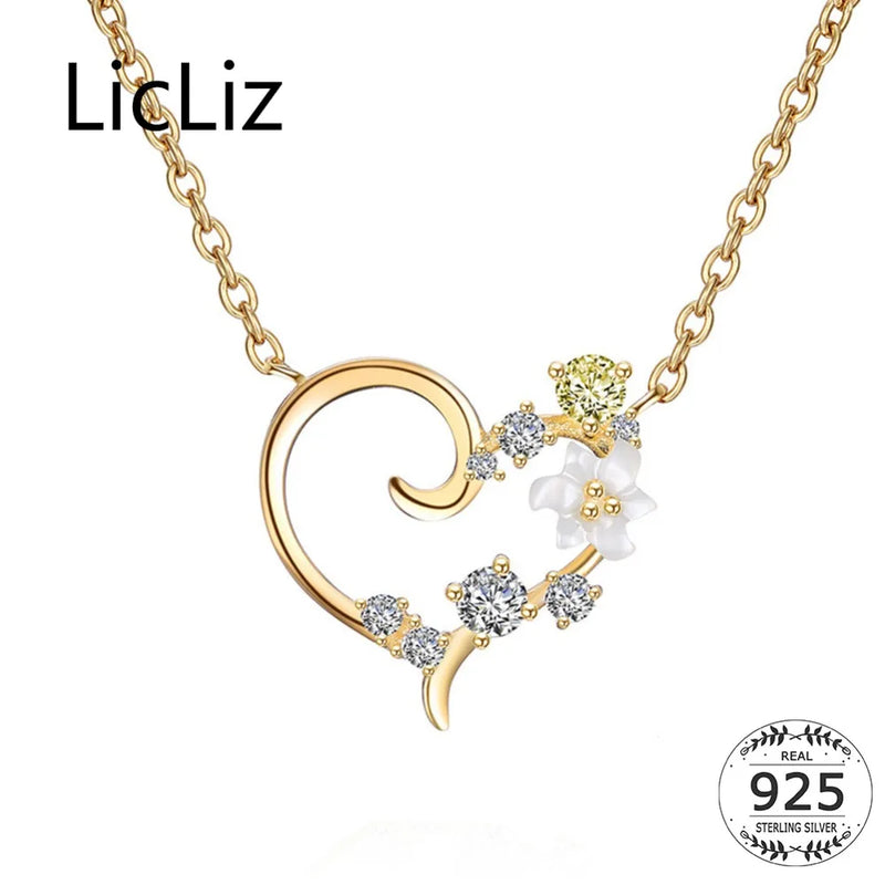 925 Silver Zircon Diamond Heart Pendant Necklace Flower Jewelry LN0400