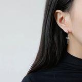 925 Silver Cross Drop Earrings Long Drops w/ Circle Ear Hoop LE0521