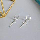 925 Silver Cross Drop Earrings Long Drops w/ Circle Ear Hoop LE0521
