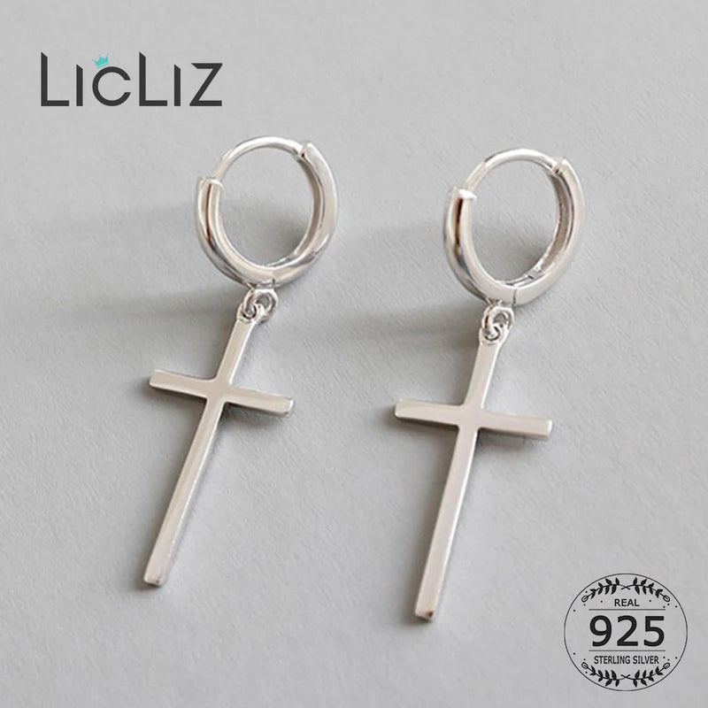 925 Silver Cross Drop Earrings Long Drops w/ Circle Ear Hoop LE0521