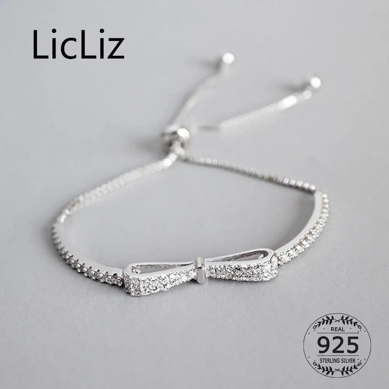 925 Silver Bowknot Bracelet for Women Link Chain CZ Crystal Jewelry