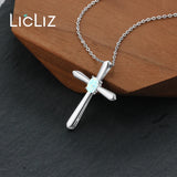 925 Silver Cross Opal Pendant Necklace Long Link Chain Jewelry Gift
