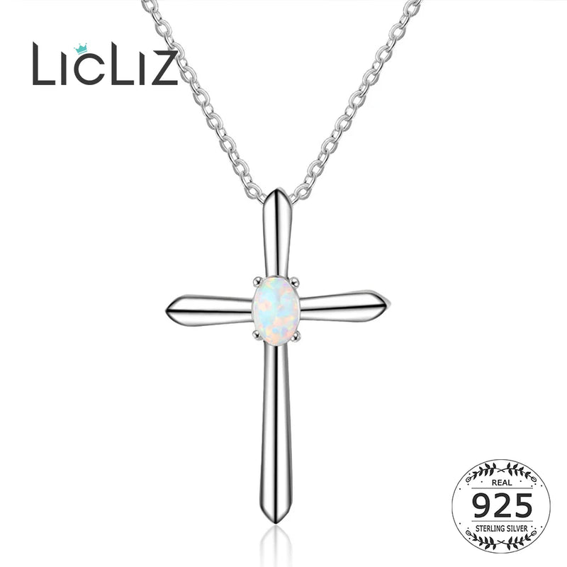 925 Silver Cross Opal Pendant Necklace Long Link Chain Jewelry Gift