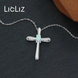 925 Silver Cross Opal Pendant Necklace Long Link Chain Jewelry Gift