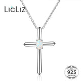 925 Silver Cross Opal Pendant Necklace Long Link Chain Jewelry Gift