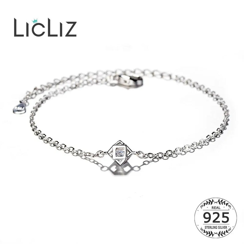 925 Silver Geometric Cubic Charm Bracelet for Women, Adjustable Chain Jewelry