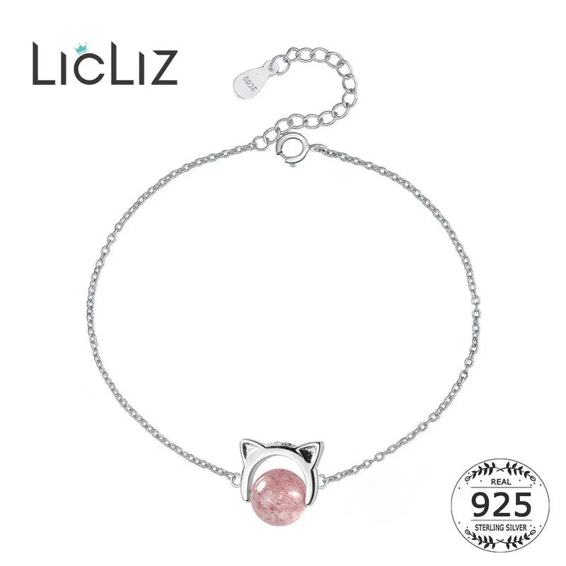 925 Sterling Silver Cat Ear Bracelet with Pink Strawberry Quartz