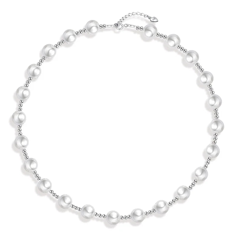 925 Silver Round Beads Pearls Necklace For Women