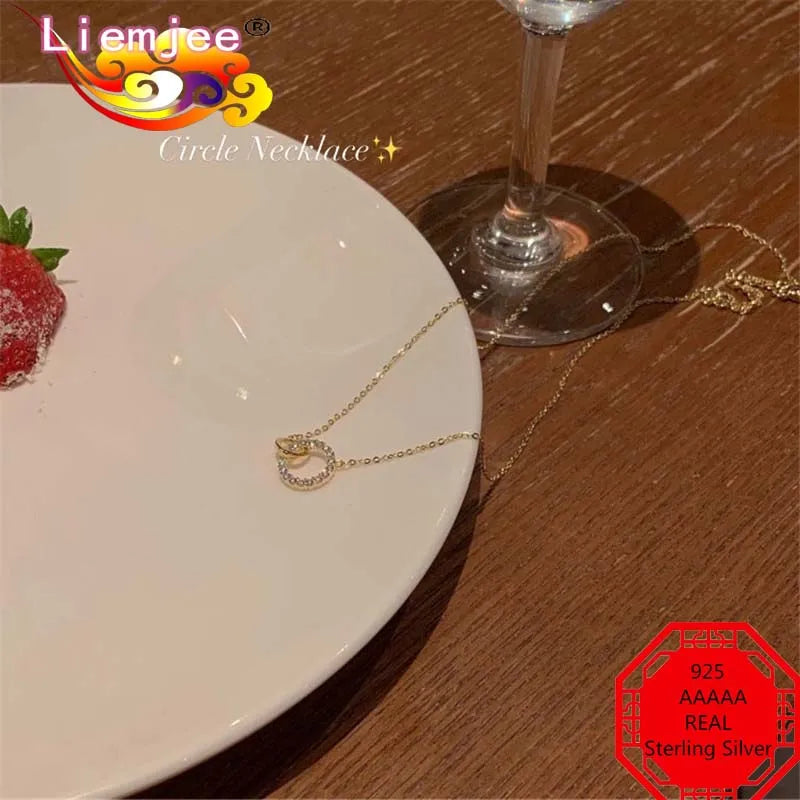 Punk Jewelry S925 Silver Zircon Double Circle Necklace For Women