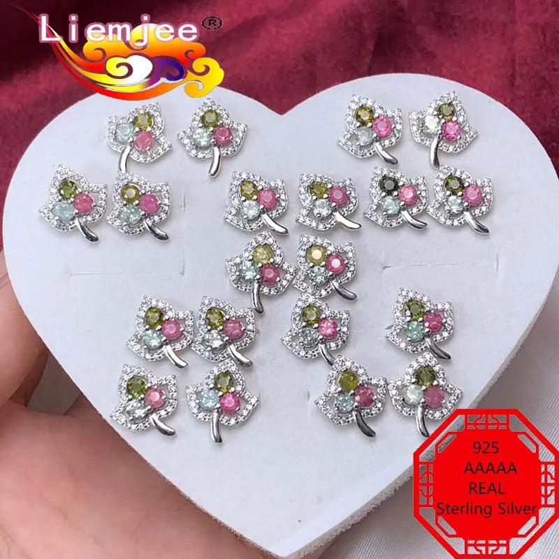 925 Silver Maple Leaves Tourmaline Earrings Charm Girl Gift