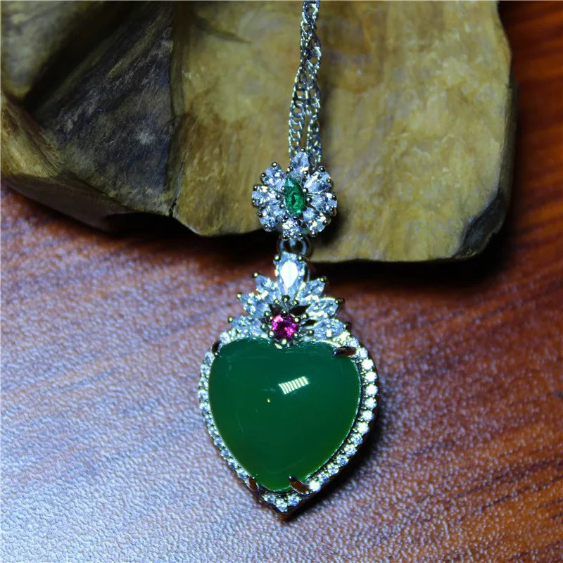 Liemjee Green Agate Heart Necklace Silver Plated Woman Gift
