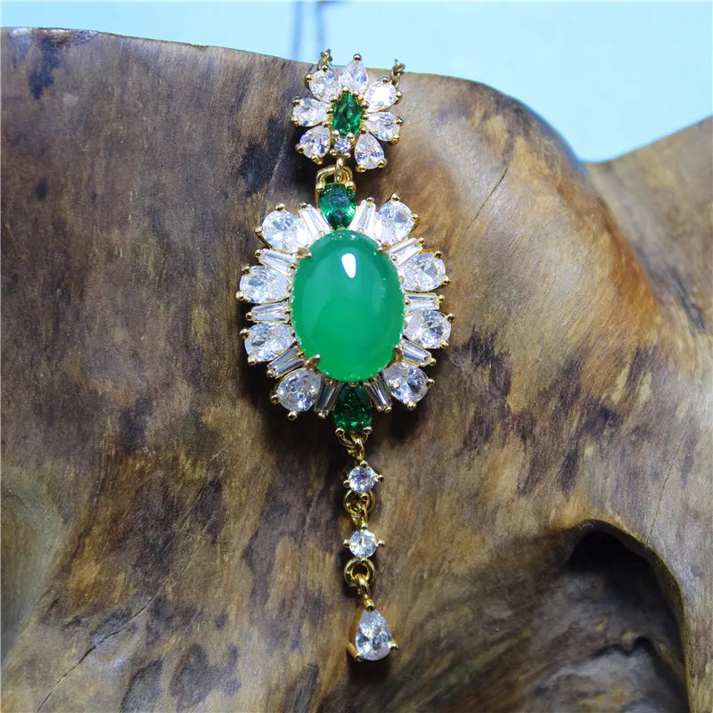 Green Agate Silver Plated Tassel Necklace for Women