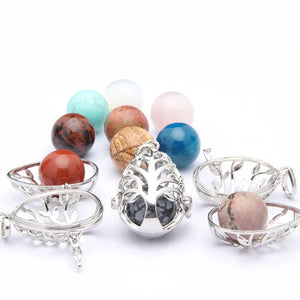 Life Tree Alloy Water-drop Pendant Necklace Natural Stone Crystal Agate Charm