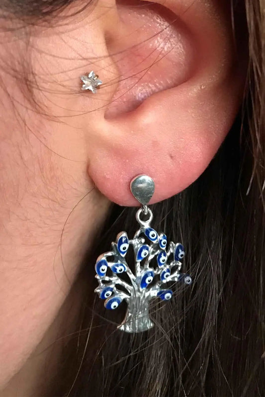 Life Tree Eye Motif Oxidized Silver Earrings