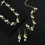 Bell Orchids Choker Necklace Green Enamel Plant Pearl Wedding Gift