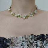 Bell Orchids Choker Necklace Green Enamel Plant Pearl Wedding Gift