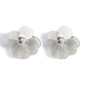 Silver Metal Hollow Flower Stud Earrings Punk Floral Pearl Jewelry