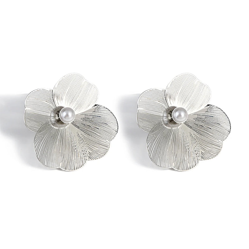 Silver Metal Hollow Flower Stud Earrings Punk Floral Pearl Jewelry