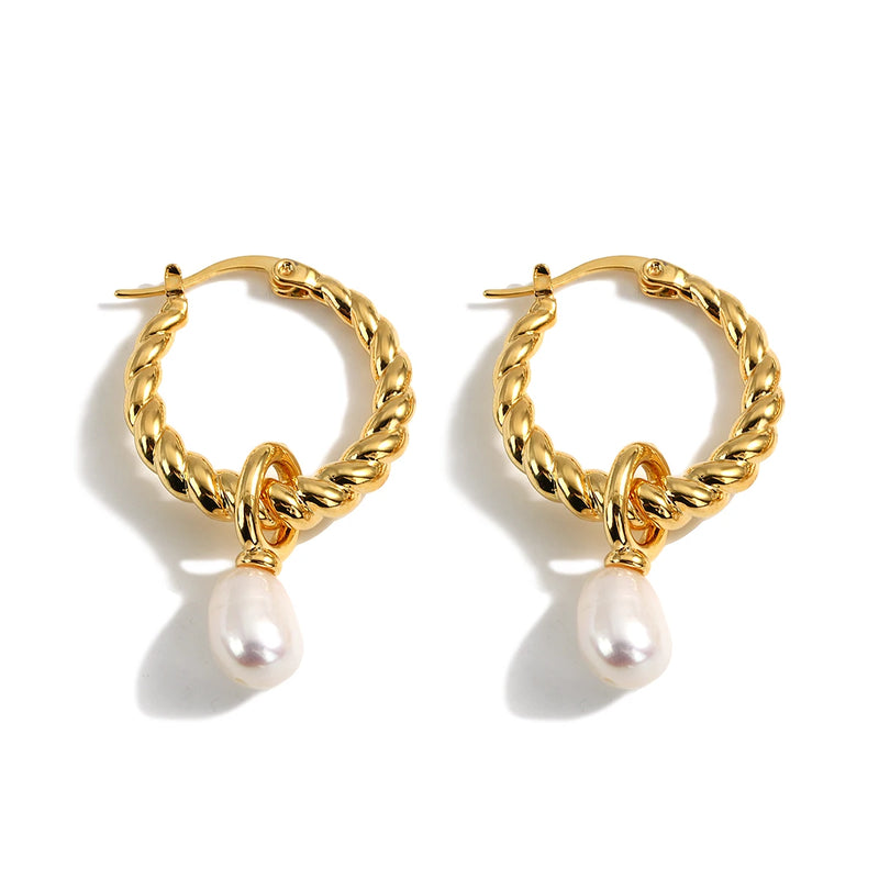 Copper Pearl Hoop Earrings Geometric Twist Circle Jewelry
