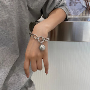 Punk Silver Chain Bracelet with Metal Ball Pendant Charms for Women Men