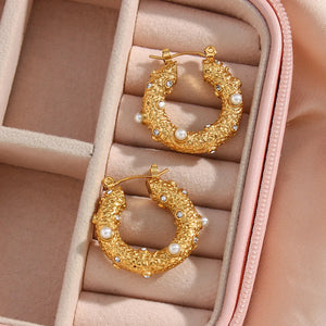 Punk Stainless Steel Pearl Rhinestone Hoop Earrings for Women