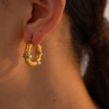 Punk Stainless Steel Pearl Rhinestone Hoop Earrings for Women